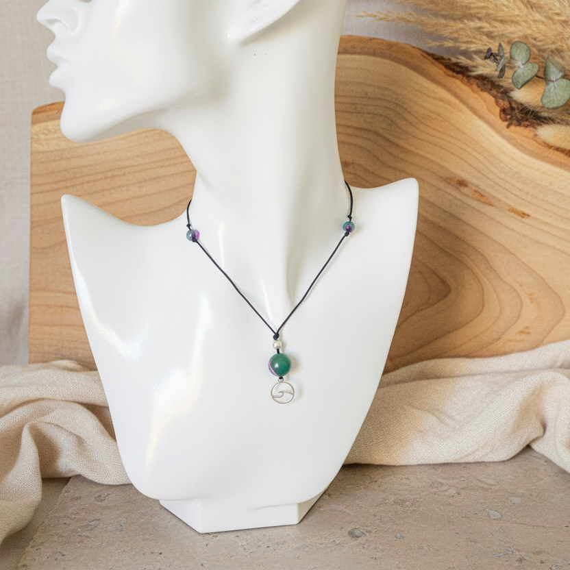 Black Thread Choker Necklace with Green and Pink Agate - Silver Chamber Jewellery Store