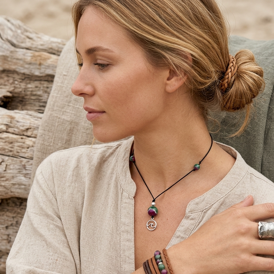 Black Thread Choker Necklace with Green and Pink Agate - Silver Chamber Jewellery Store