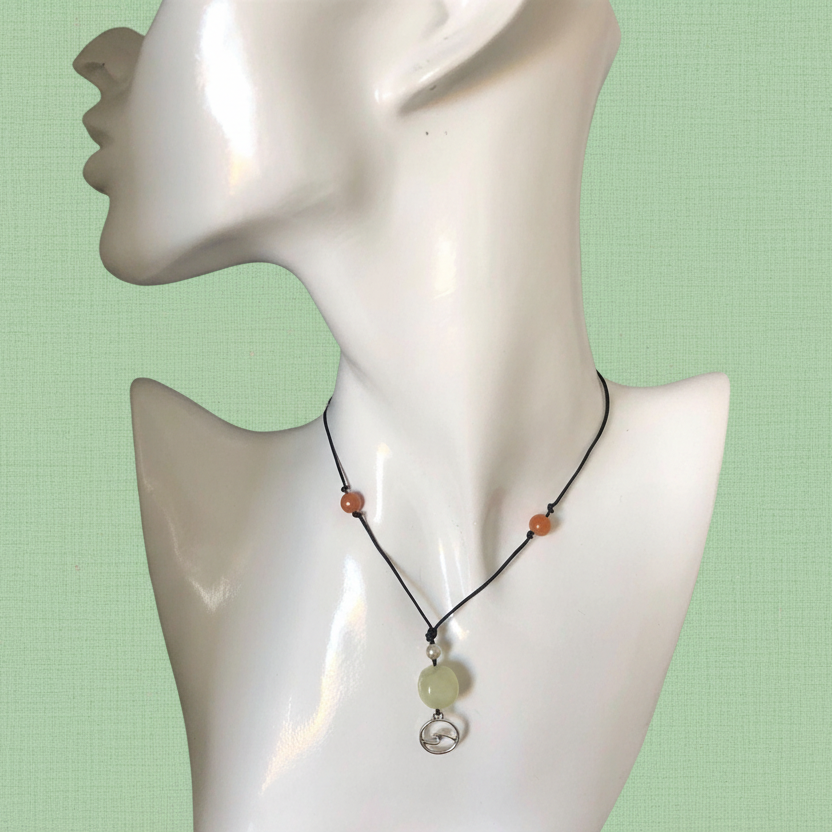Black Thread Choker Necklace with Jade and Carnelian