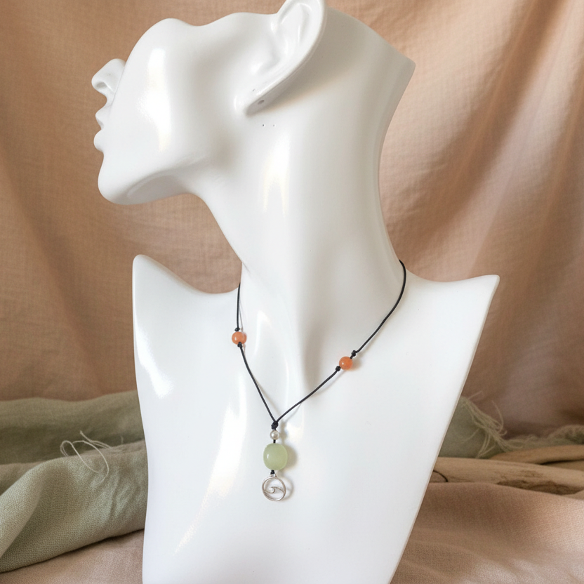 Black thread choker necklace with jade and carnelian. Sea wave pendant.