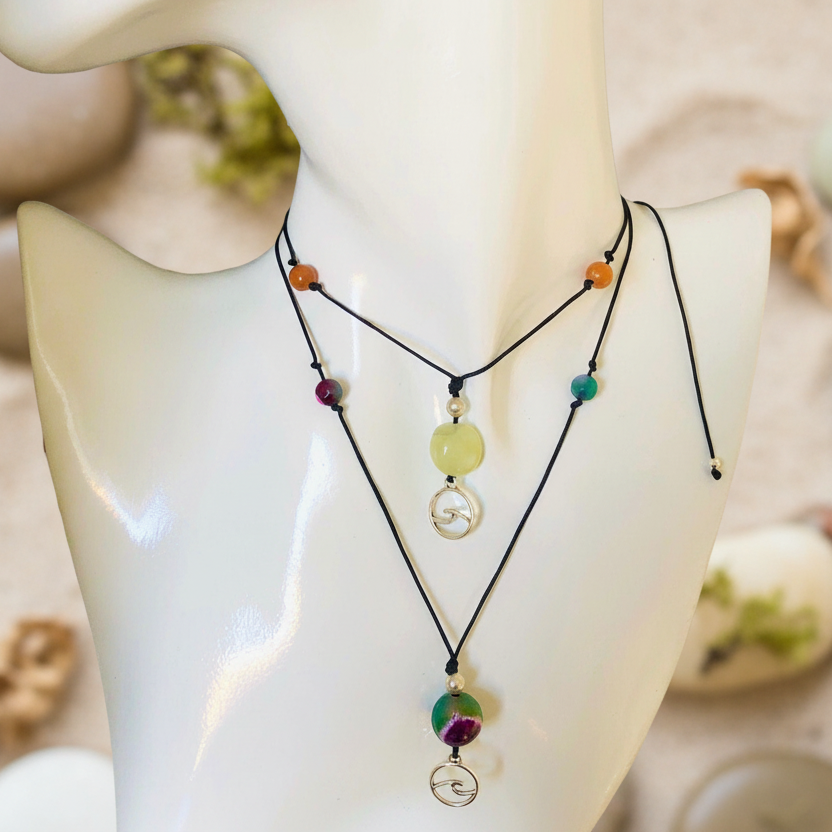 Black thread choker necklace with pink and green agate. Sea wave pendant.