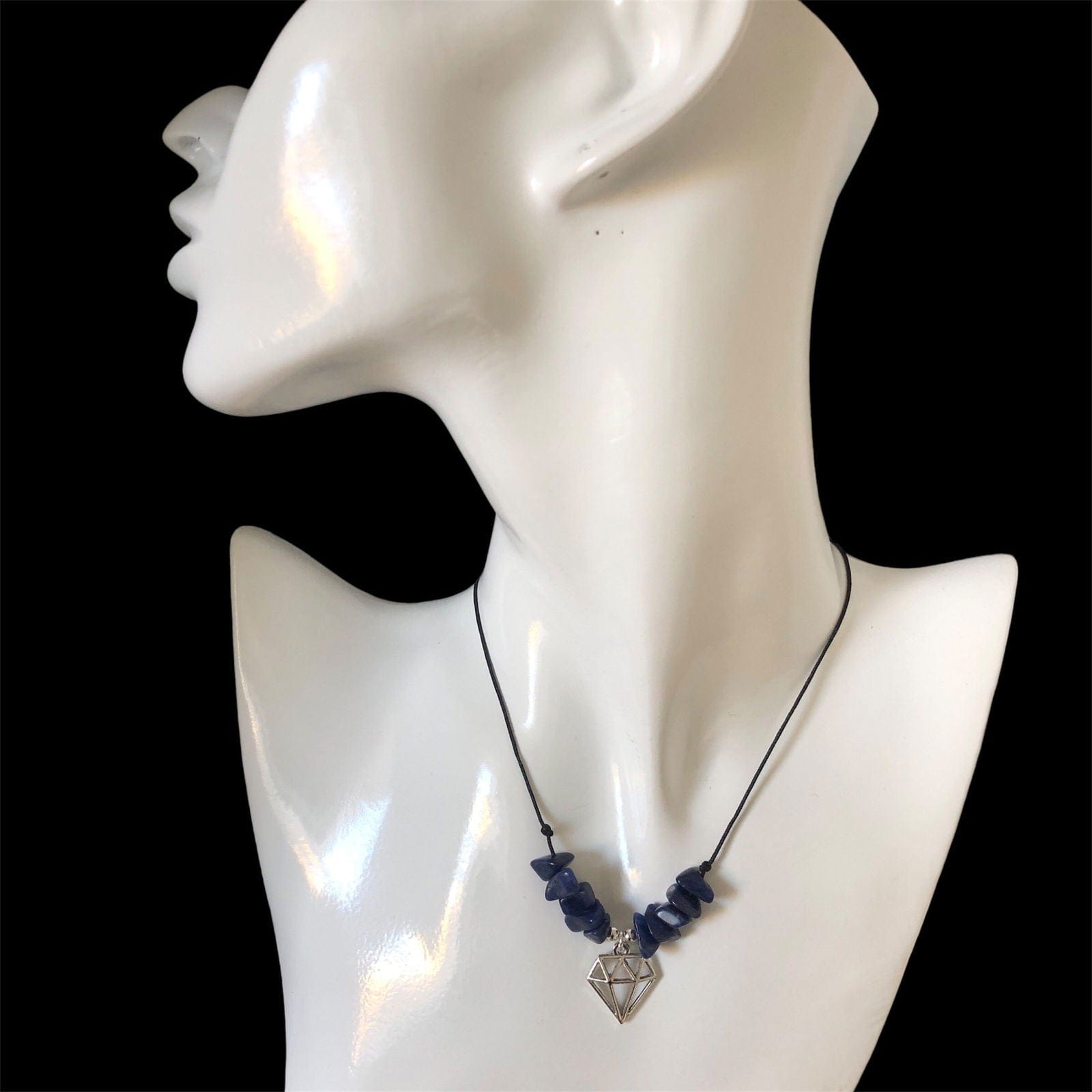 Black Thread Choker Necklace with Lapis Lazuli Chips Silver Chamber Jewellery Store