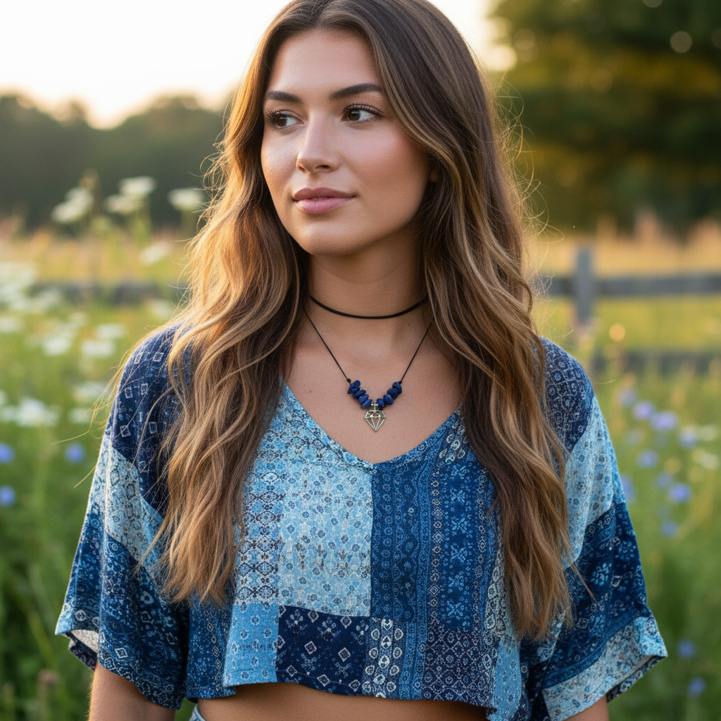 Black thread choker with lapis lazuli chips