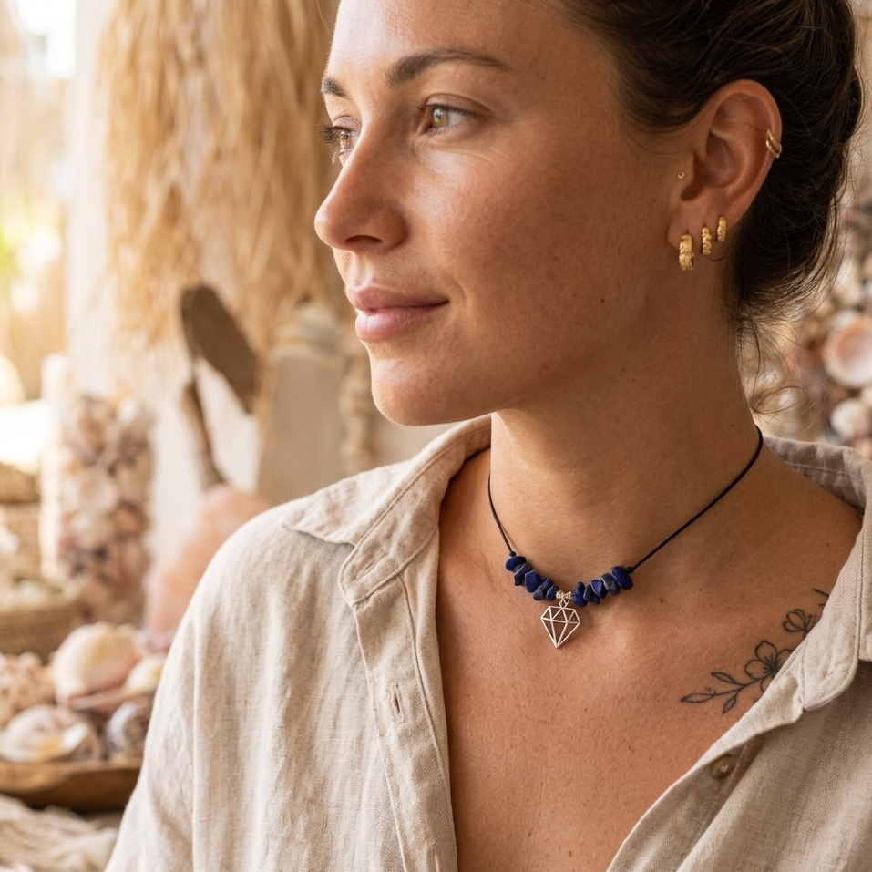 Black Thread Choker Necklace with Lapis Lazuli Chips - Silver Chamber Jewellery Store