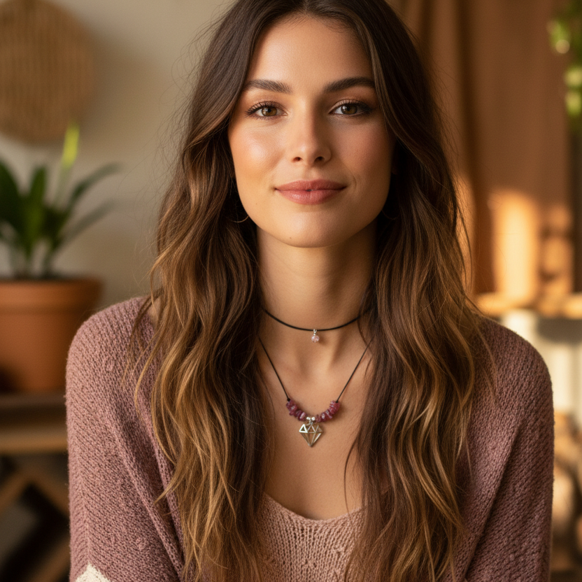 Black thread choker with pink tourmaline chips