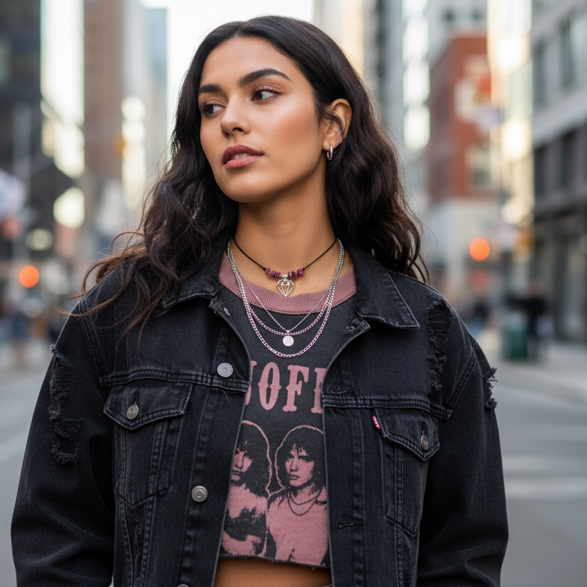 Black thread choker with pink tourmaline chips