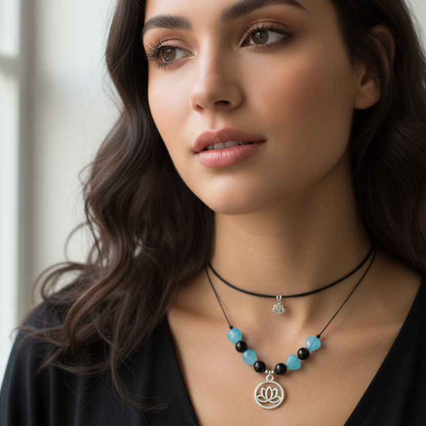 Black thread choker necklace with blue quartz and black onyx
