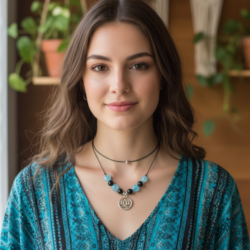 Black thread choker necklace with blue quartz and black onyx