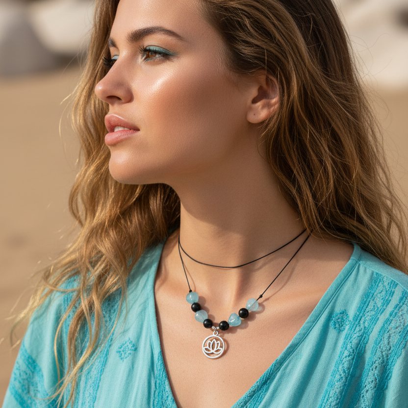 Black thread choker necklace with blue quartz and black onyx