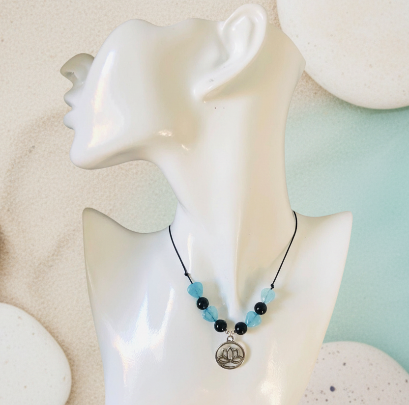 Black thread choker necklace with blue quartz and black onyx