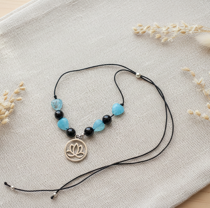 Black Thread Choker Necklace with Quartz and Onyx