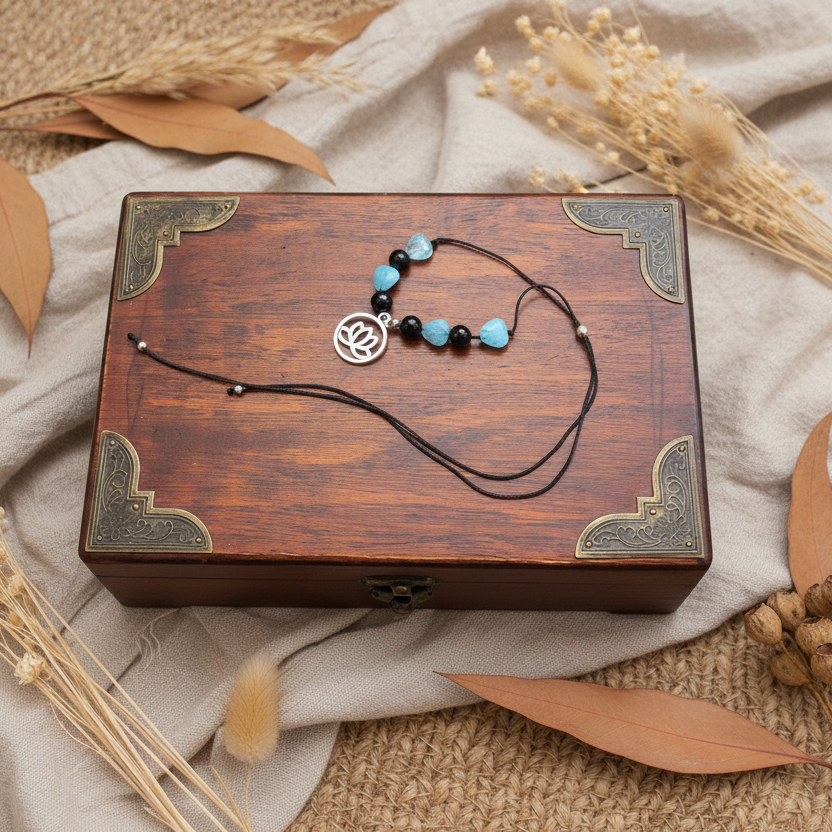Black thread choker necklace with blue quartz and black onyx