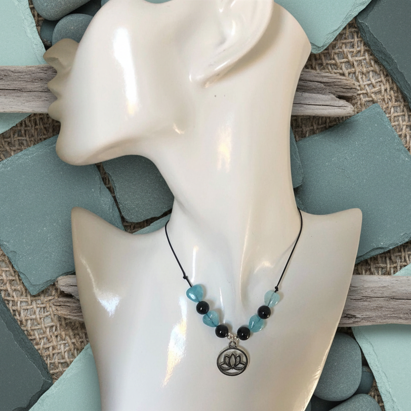 Black thread choker necklace with blue quartz and black onyx