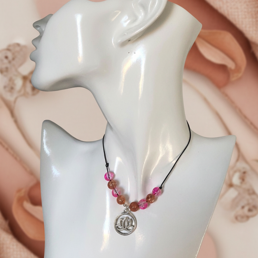 Black thread choker necklace with pink and orange quartz, Lotus pendant.