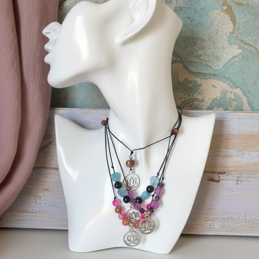 Black thread choker necklace with blue quartz and black onyx