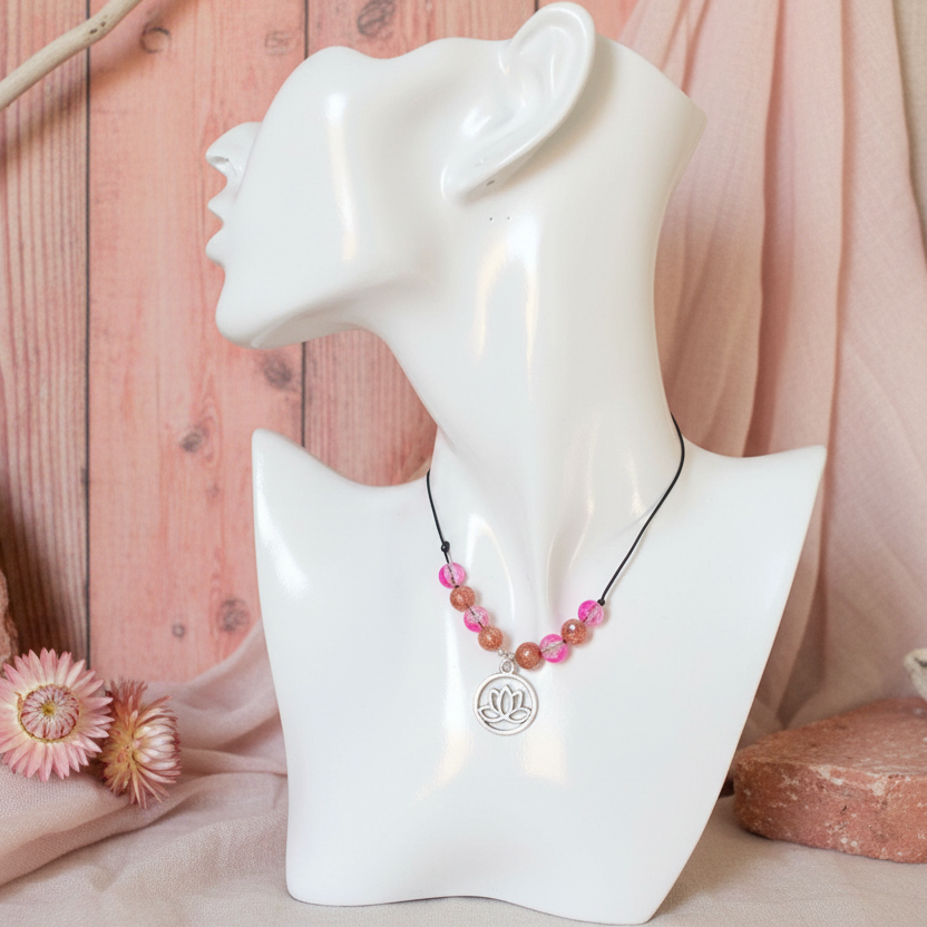 Black thread choker necklace with pink and orange quartz, Lotus pendant.