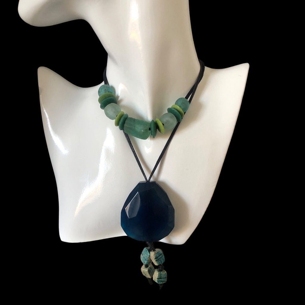 Blue Agate and Egyptian Beads Pendant Necklace Silver Chamber Jewellery Store