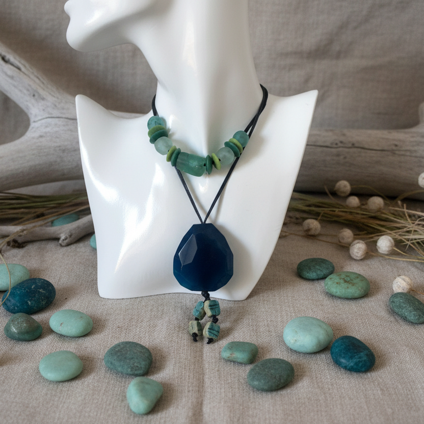 Blue Agate and Egyptian Beads Pendant Necklace