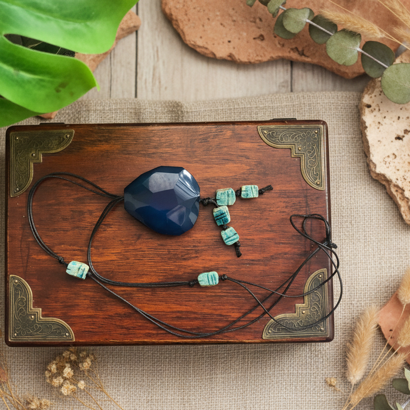 Blue Agate and Egyptian Beads Pendant Necklace