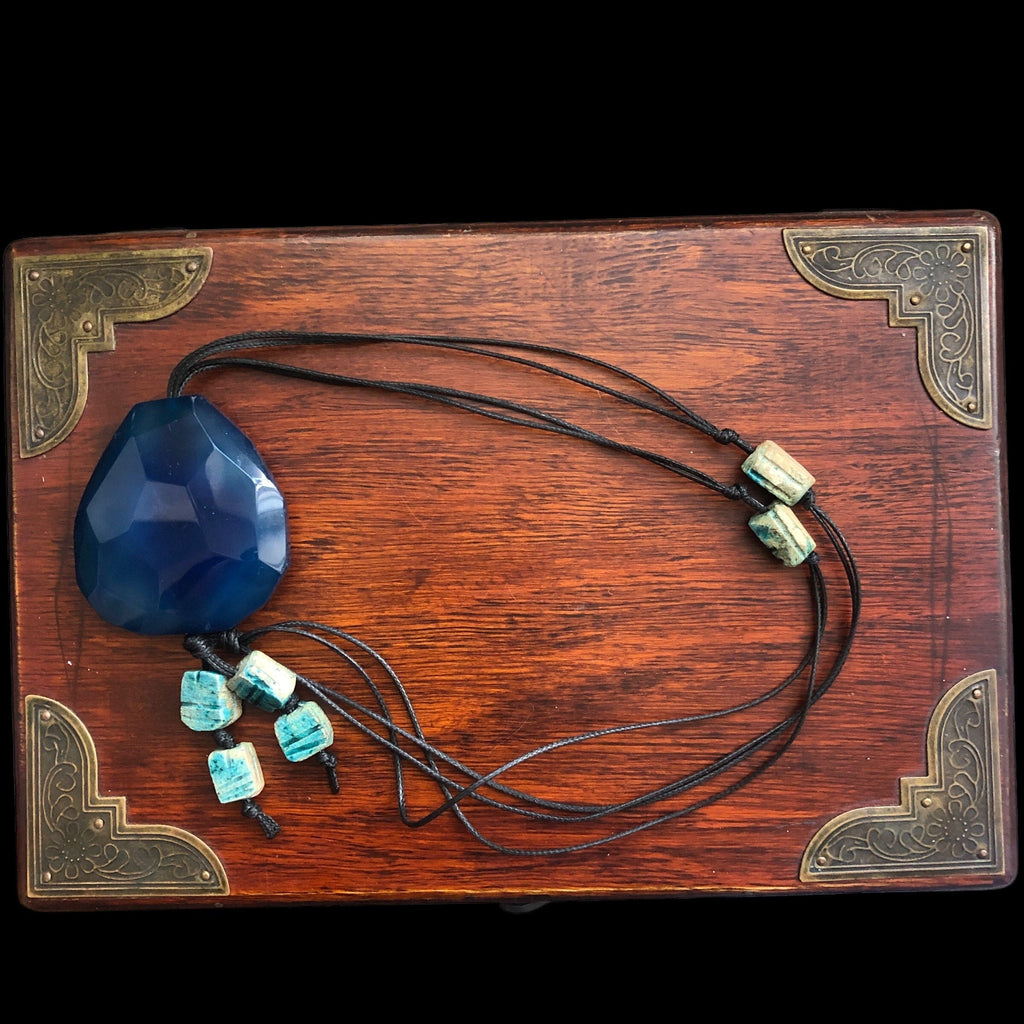 Blue Agate and Egyptian Beads Pendant Necklace Silver Chamber Jewellery Store
