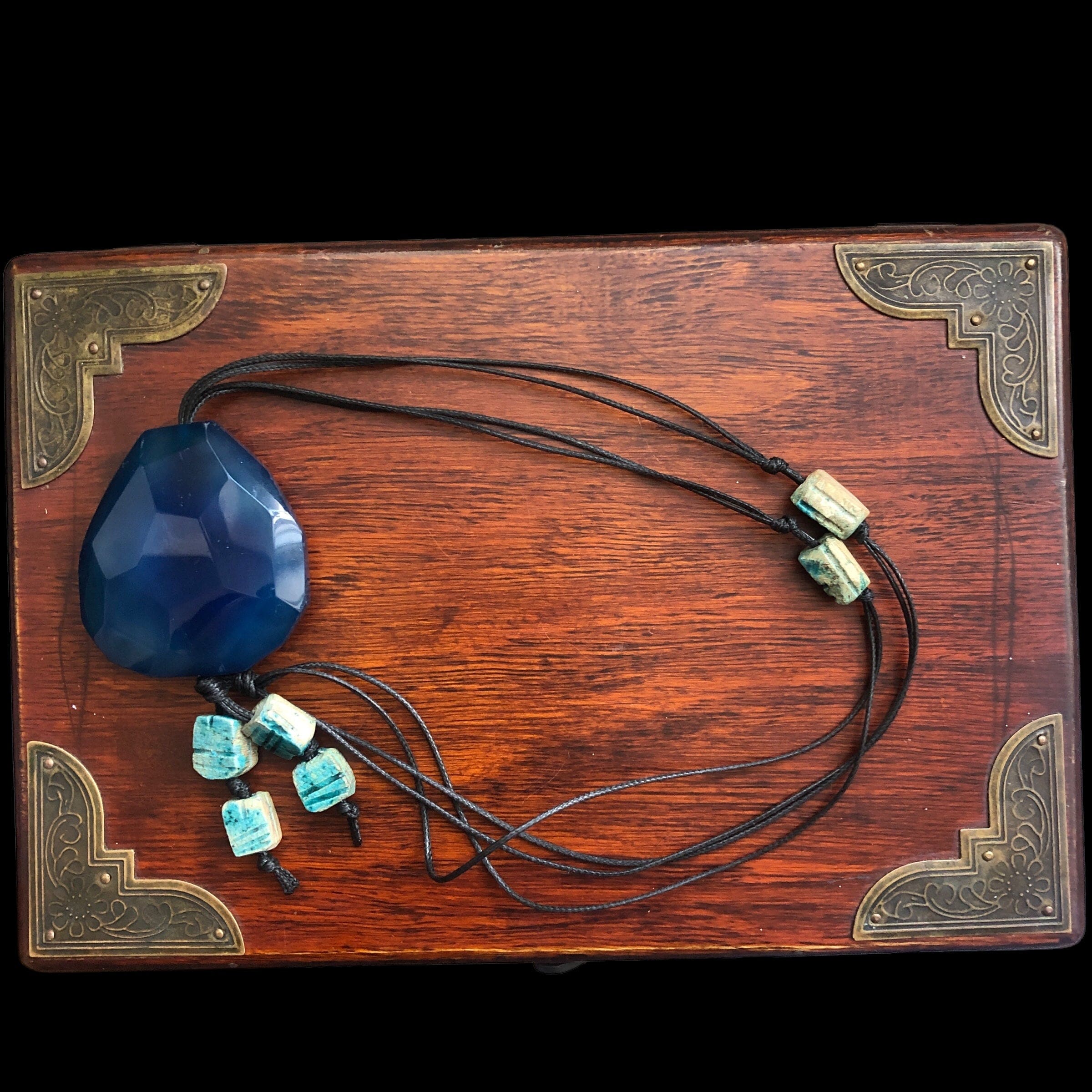Blue Agate and Egyptian Beads Pendant Necklace Silver Chamber Jewellery Store