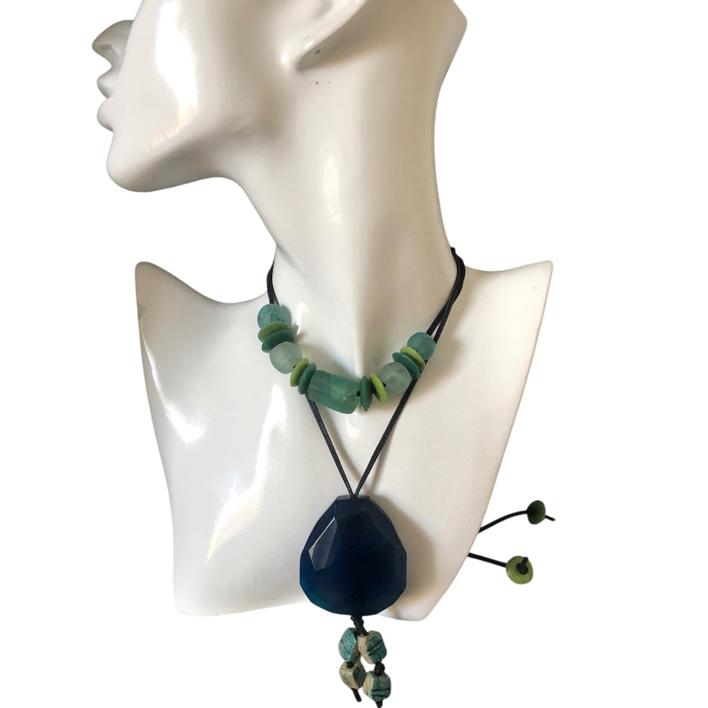 Blue Agate and Egyptian Beads Pendant Necklace Silver Chamber Jewellery Store