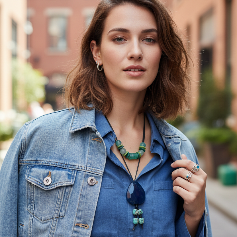 Blue Agate and Egyptian Beads Pendant Necklace