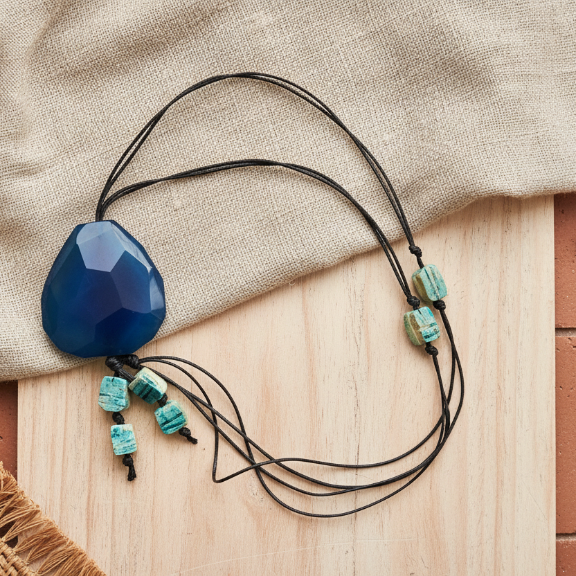 Blue Agate and Egyptian Beads Pendant Necklace