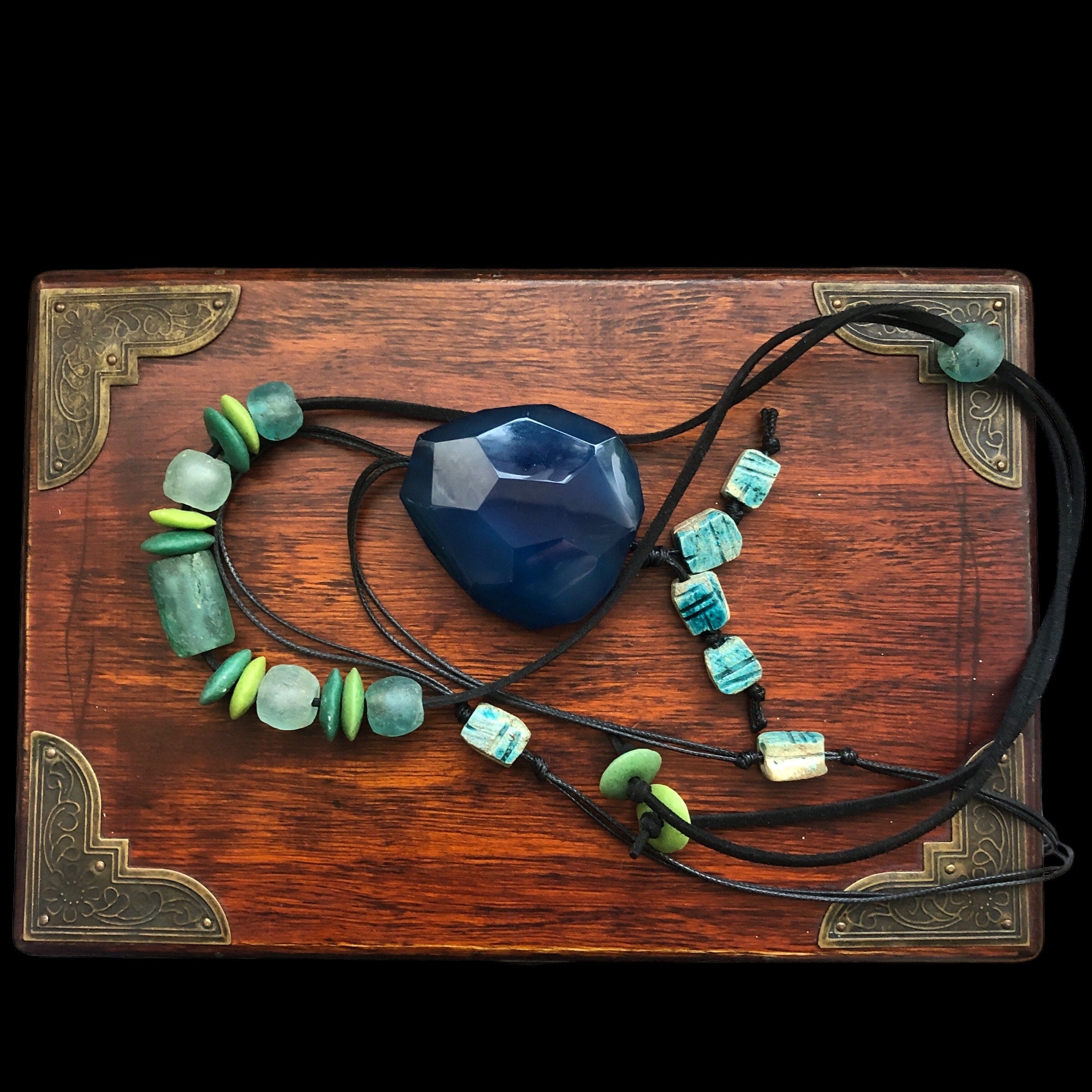 Blue Agate and Egyptian Beads Pendant Necklace Silver Chamber Jewellery Store