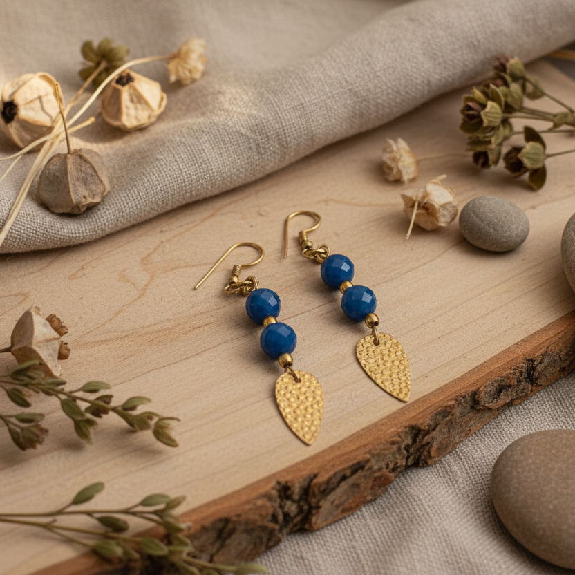 Blue Agate Gold Plated Dangle Earrings