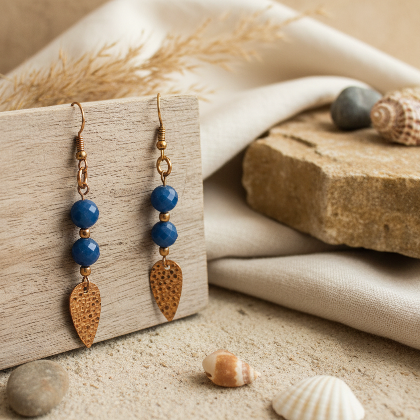 Blue Agate Gold Plated Dangle Earrings