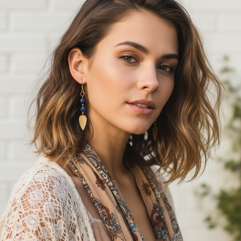 Blue Agate Gold Plated Dangle Earrings