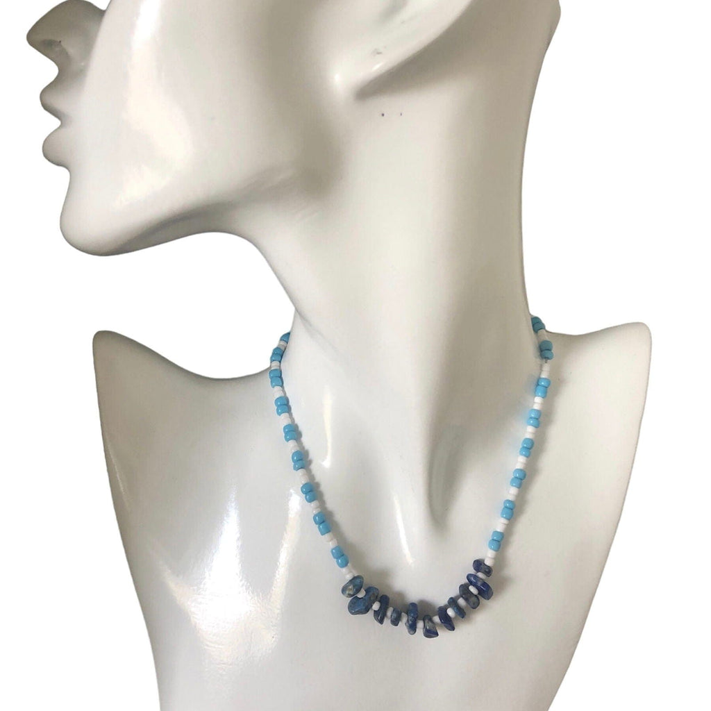 Blue and White Beaded Lapis Lazuli Choker Necklace Silver Chamber Jewellery Store