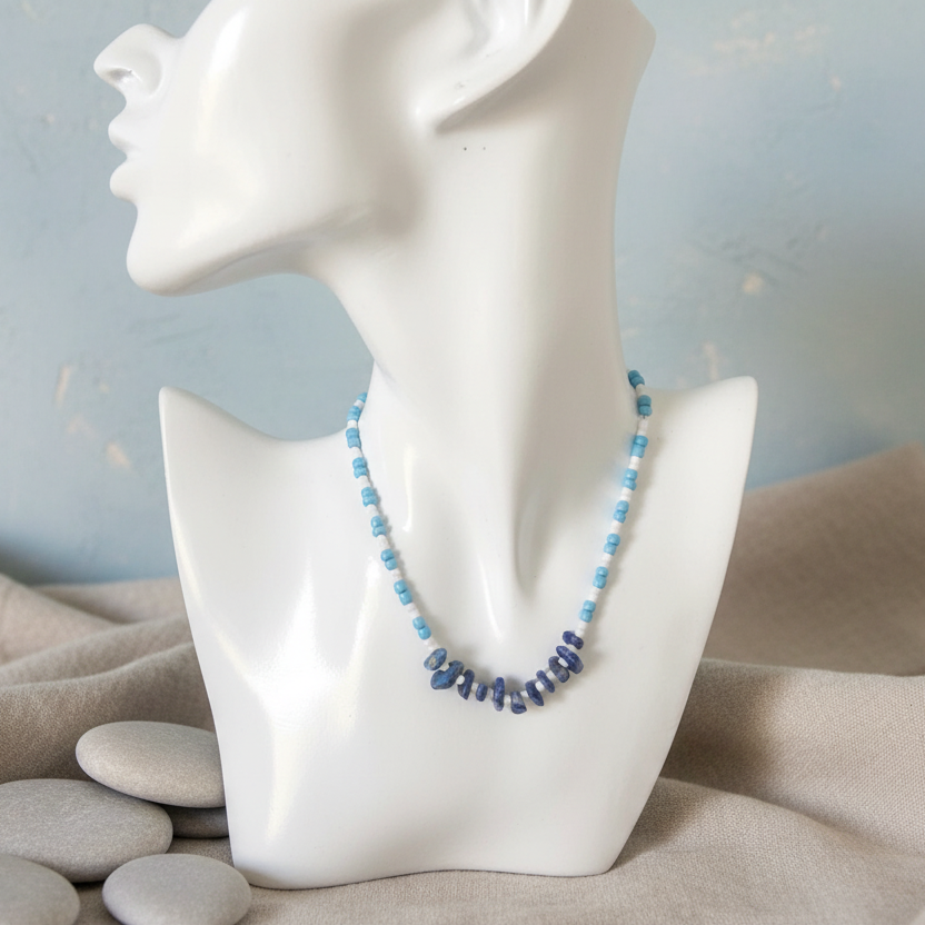 Blue and White Beaded Lapis Lazuli Choker Necklace