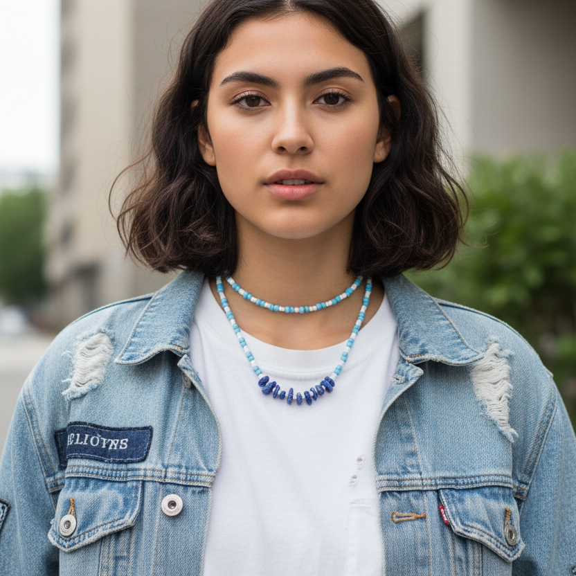 Blue and White Beaded Lapis Lazuli Choker Necklace