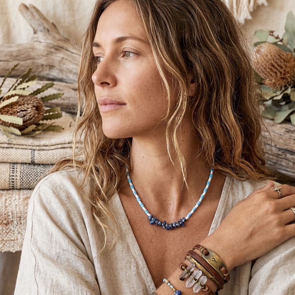 Blue and White Beaded Lapis Lazuli Choker Necklace - Silver Chamber Jewellery Store