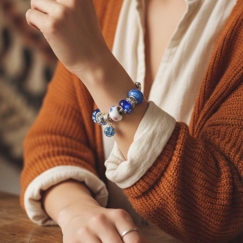Blue Charm Bracelet With Rhinestones