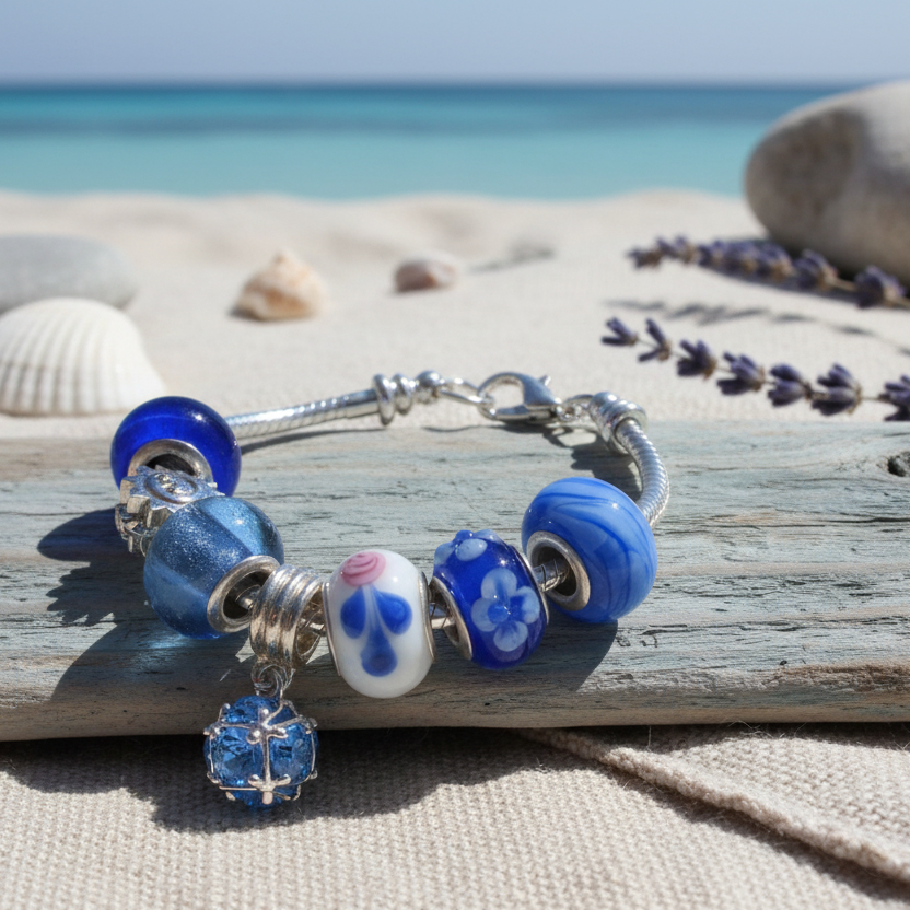 Blue charm bracelet with rhinestones