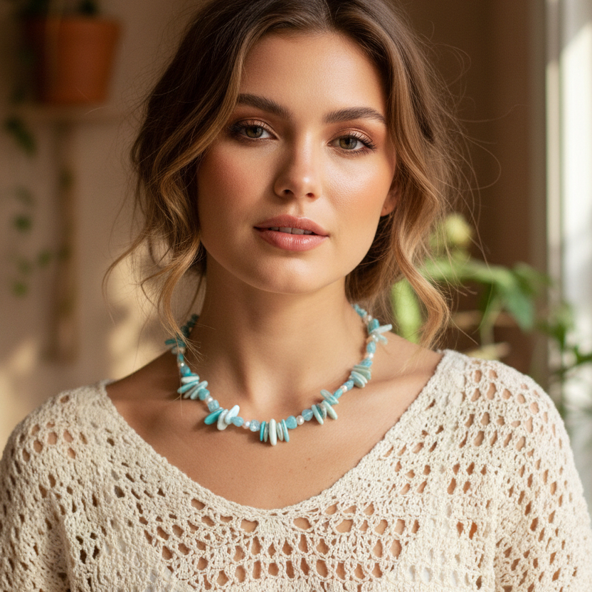 Blue Mother of Pearl, Quartz and Freshwater Pearls Beaded Necklace