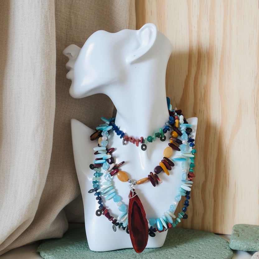 Multi-Colour Natural Stones and Brass Beaded Necklace Silver Chamber Jewellery Store