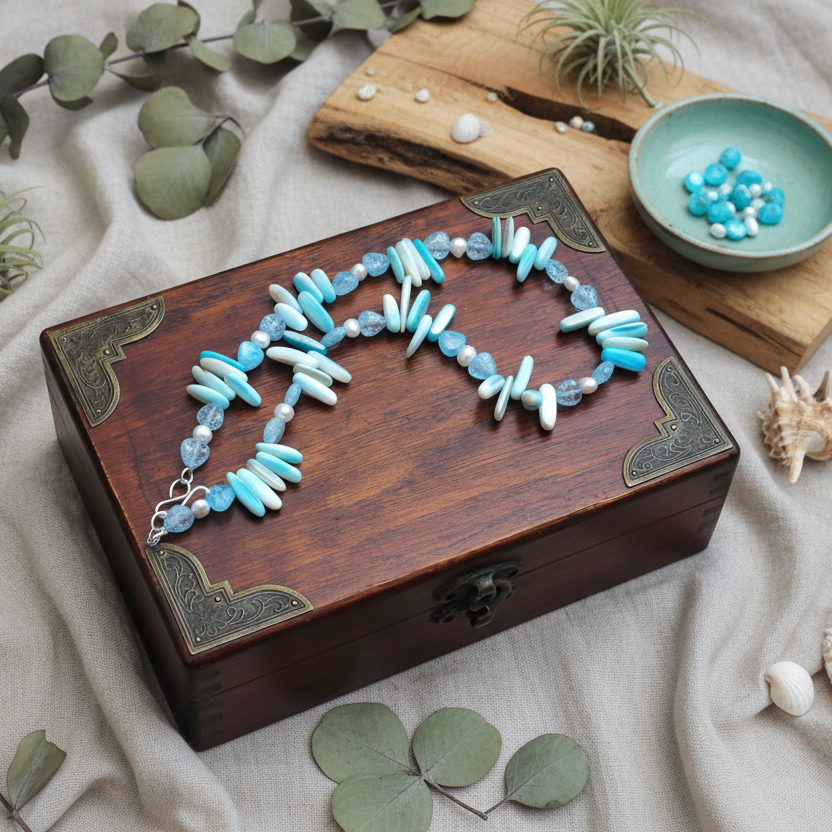Blue Mother of Pearl, Quartz and Freshwater Pearls Beaded Necklace