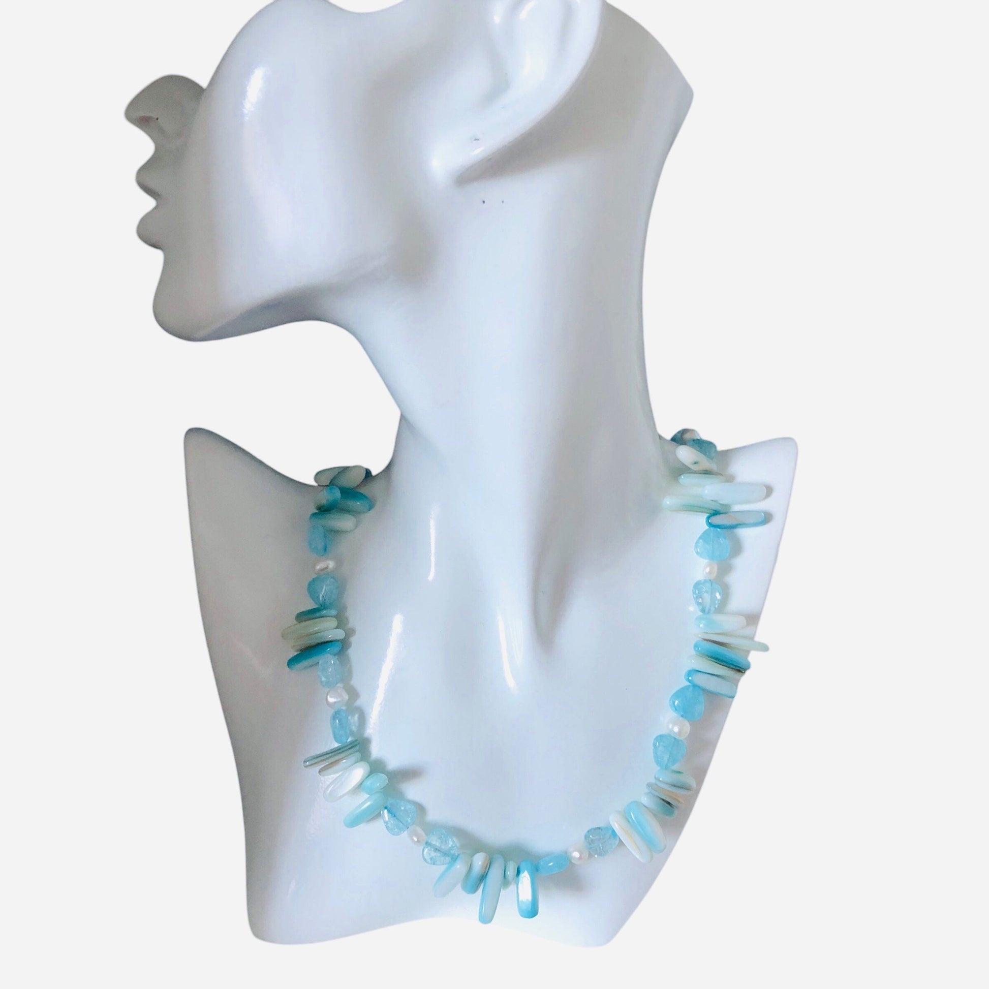 Blue Mother of Pearl, Quartz and Freshwater Pearls Beaded Necklace Silver Chamber Jewellery Store