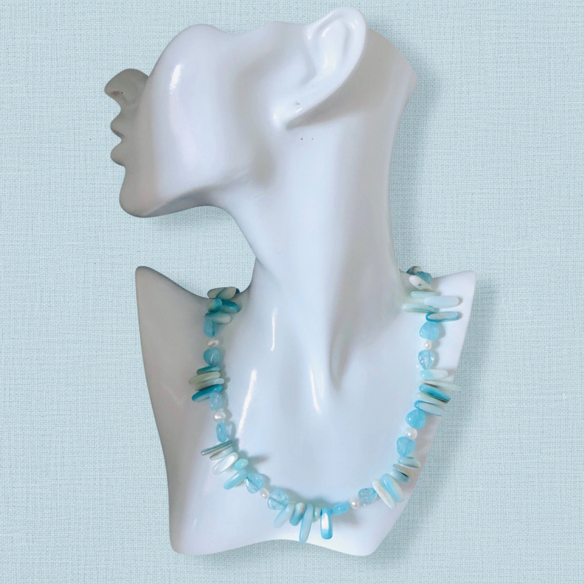 Blue Mother of Pearl, Quartz and Freshwater Pearls Beaded Necklace