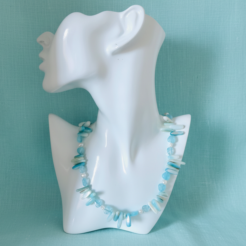 Blue Mother of Pearl, Quartz and Freshwater Pearls Beaded Necklace