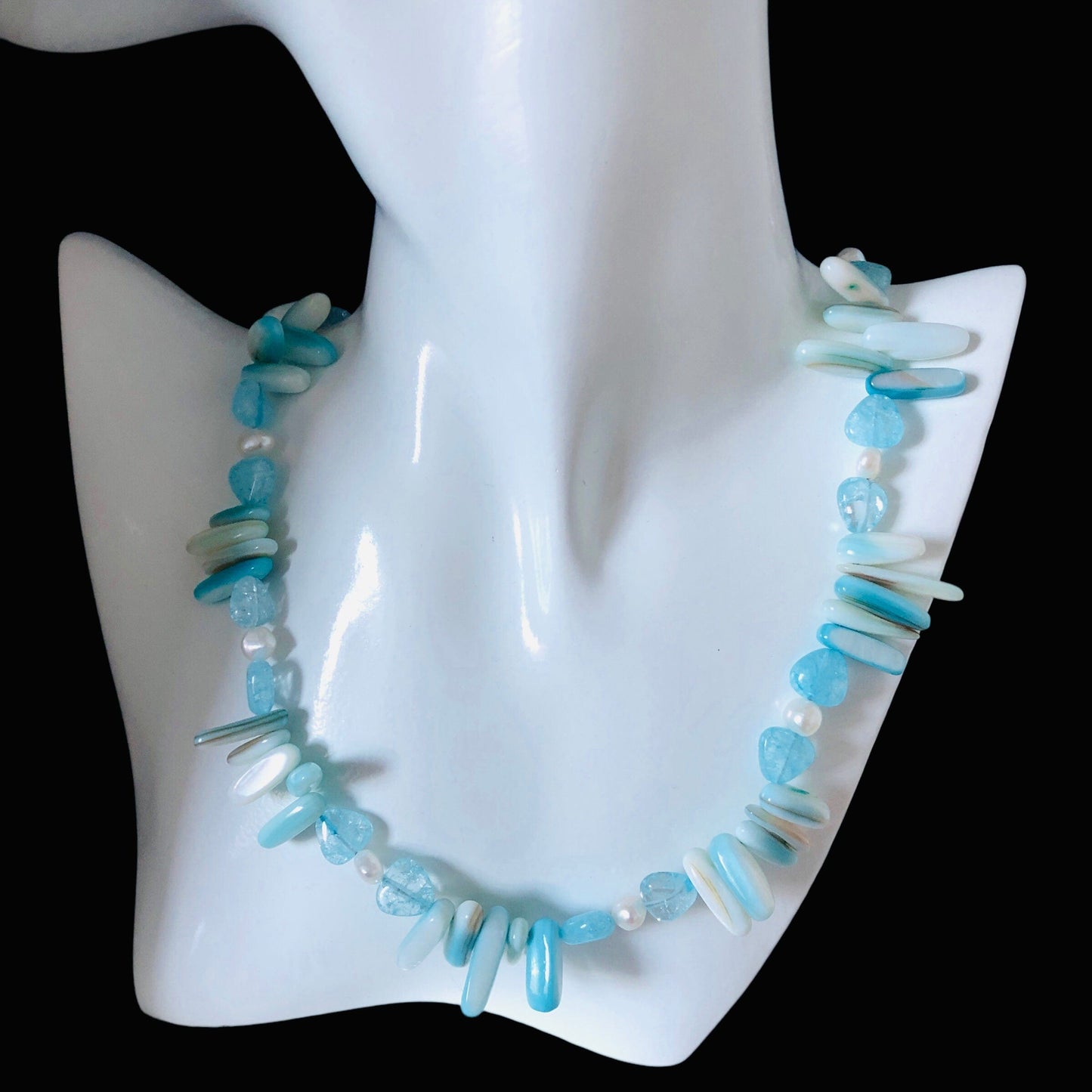 Blue Mother of Pearl, Quartz and Freshwater Pearls Beaded Necklace Silver Chamber Jewellery Store