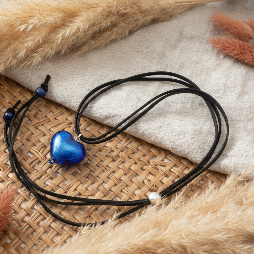 Blue Murano Glass Heart Pendant Necklace