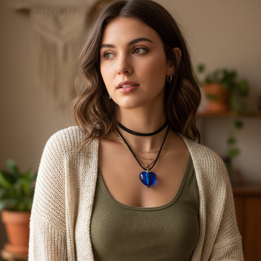 Blue Murano Glass Heart Pendant Necklace