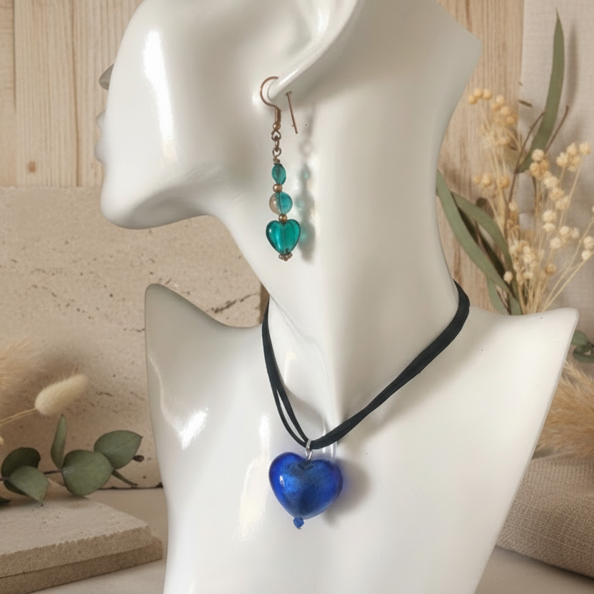 Blue Murano Glass Heart Pendant Necklace - Handmade, One-of-A-Kind - Silver Chamber Jewellery Store
