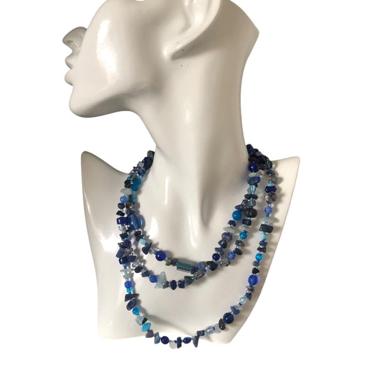 Blue Stones and Glass Beaded Long Necklace Silver Chamber Jewellery Store