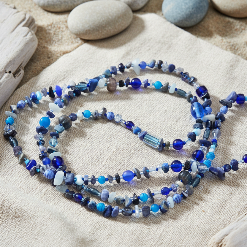 Blue Stones and Glass Beaded Long Necklace